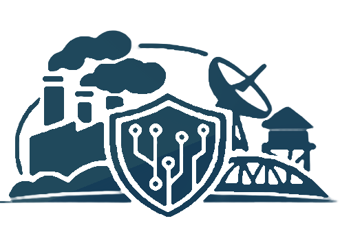 Critical Infrastructure Critical infrastructure cybersecurity icon with a shield, factory, bridge, and water tower representing essential services and OT protection.