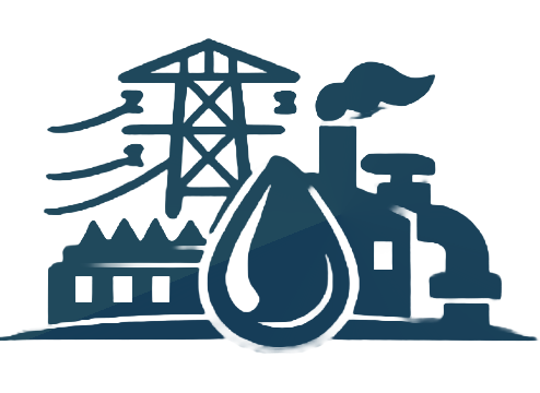 Energy and Utility Energy and utilities OT cybersecurity icon showing a transmission tower, water droplet, and industrial facility representing electricity, gas, and water critical infrastructure.
